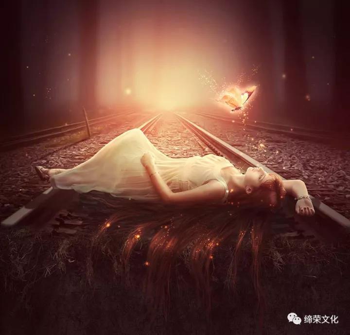 PS合成躺在铁轨上的长发女生唯美图片